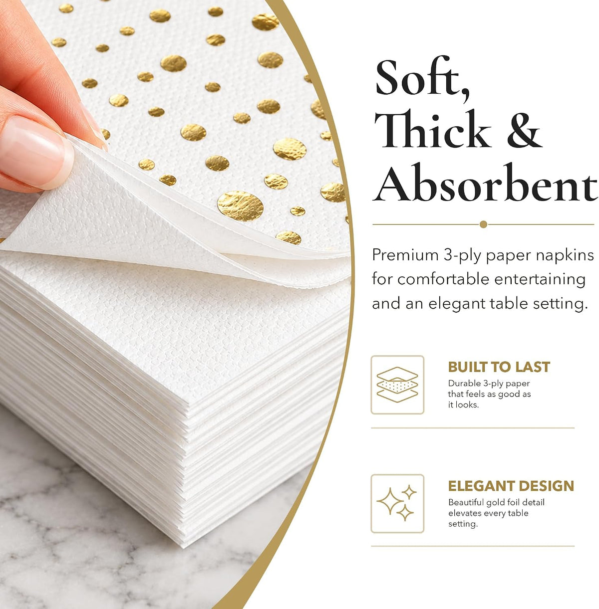 Gold Dinner Napkins, 100 White and Gold Napkins for Wedding