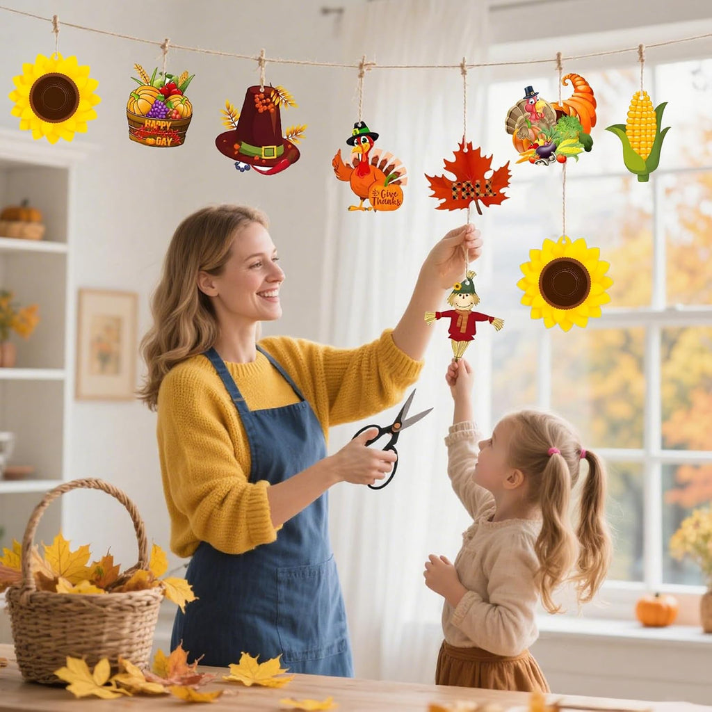Fall Decor Indoor, 24 PCS Wooden Thanksgiving Hanging Decorations | Rustic Turkey, Scarecrow, Pumpkin & Basket, 8