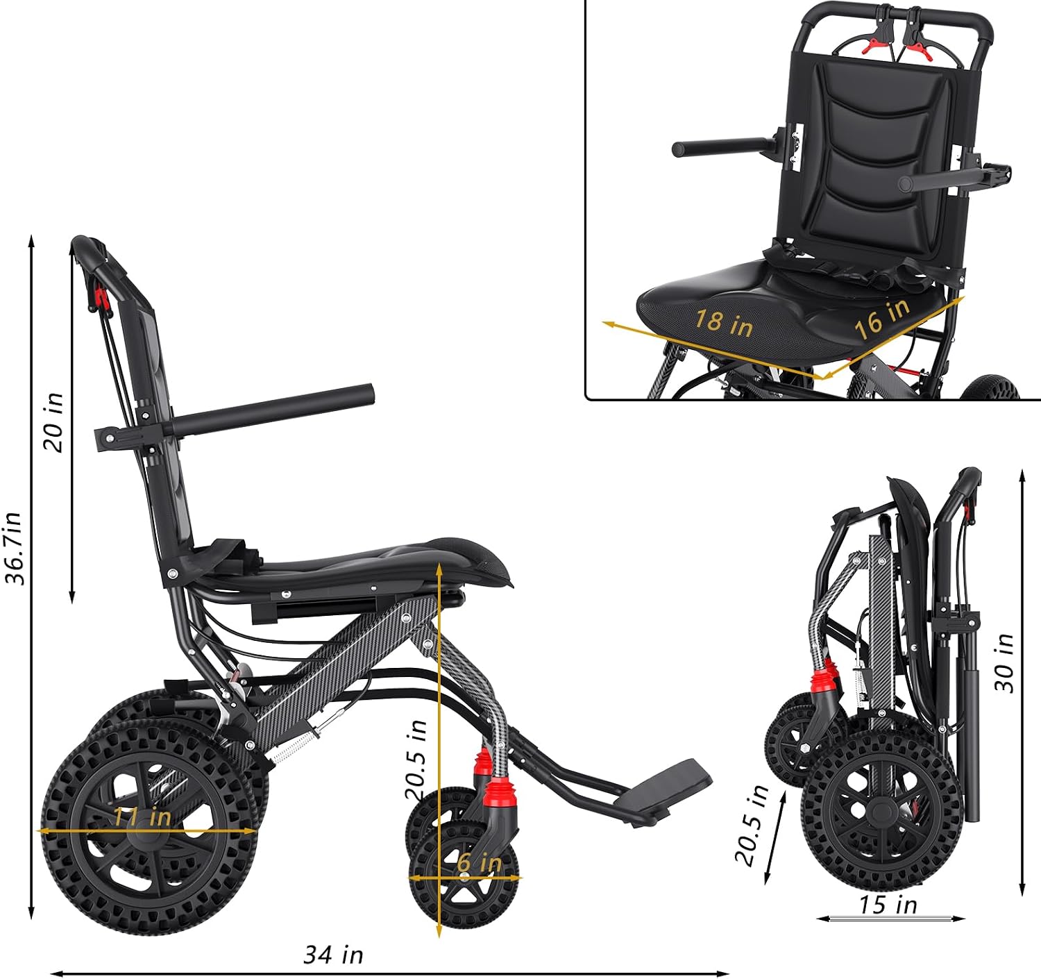 (18" Wide Seat) Lightweight Ergonomic Transport Wheelchair for Seniors and Adults, Portable Foldable Transit Travel