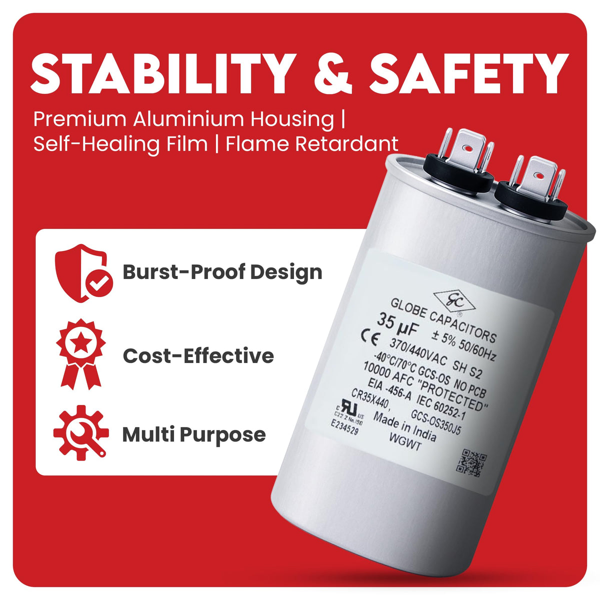 Globe Capacitor, Oval Run Start, 35MFD CBB65 Single Element, 370V/440V