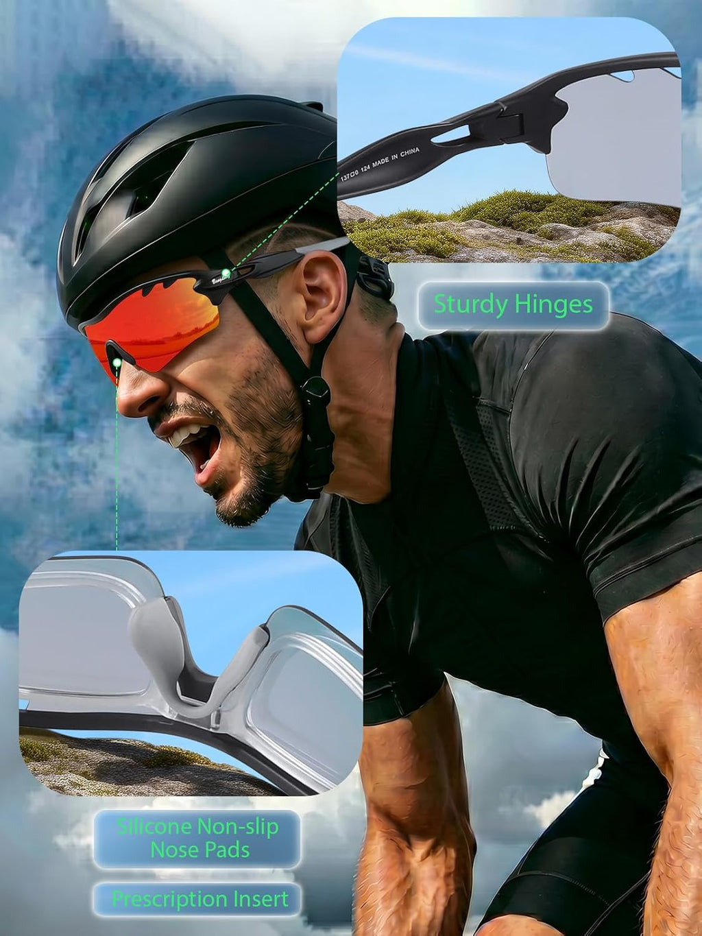 Polarized UV400 Sports Sunglasses with 5 Lenses for Men Women | TR90 Flexible Frame, 5 Interchangeable Lens with RX
