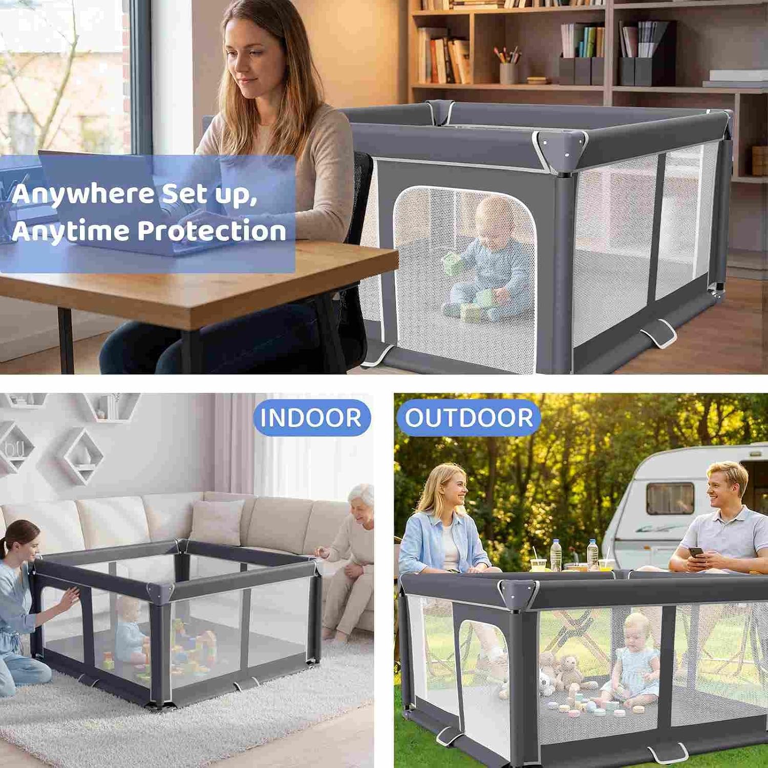 Foldable Baby Playpen Portable Travel Play Yard, Dark Gray | Safety Play Yard for Babies & Toddlers, Indoor & Outdoor