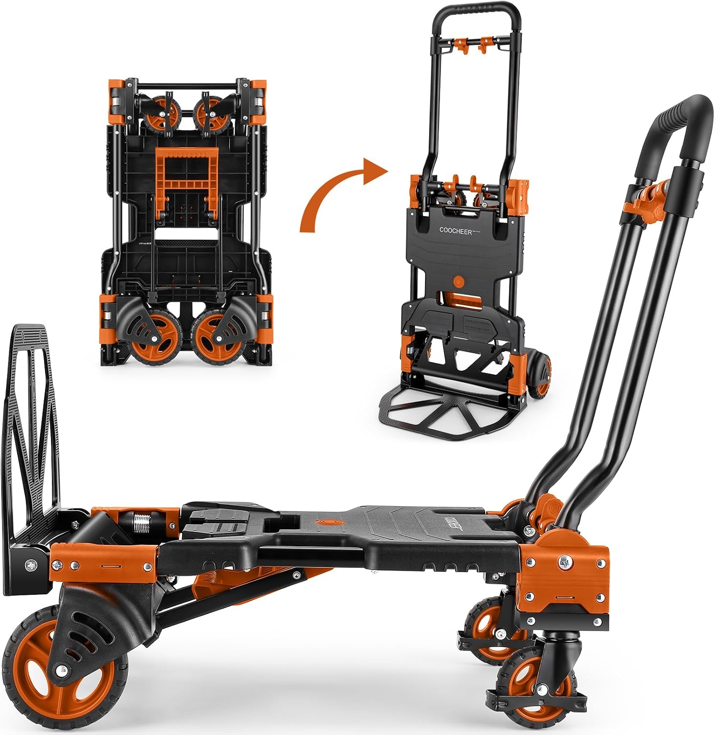 Folding Hand Truck Dolly, 330lb Convertible 4 to 2 Wheel Moving Cart,Orange | Dolly Cart with Retractable, Aluminum