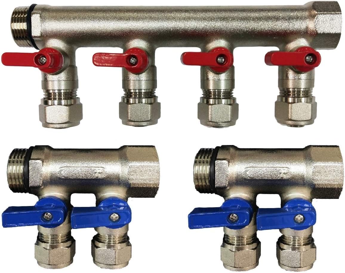 3/4" 4 Loops Plumbing Manifolds w/ 1/2" Pex Ball Valves, Red and Blue Handles