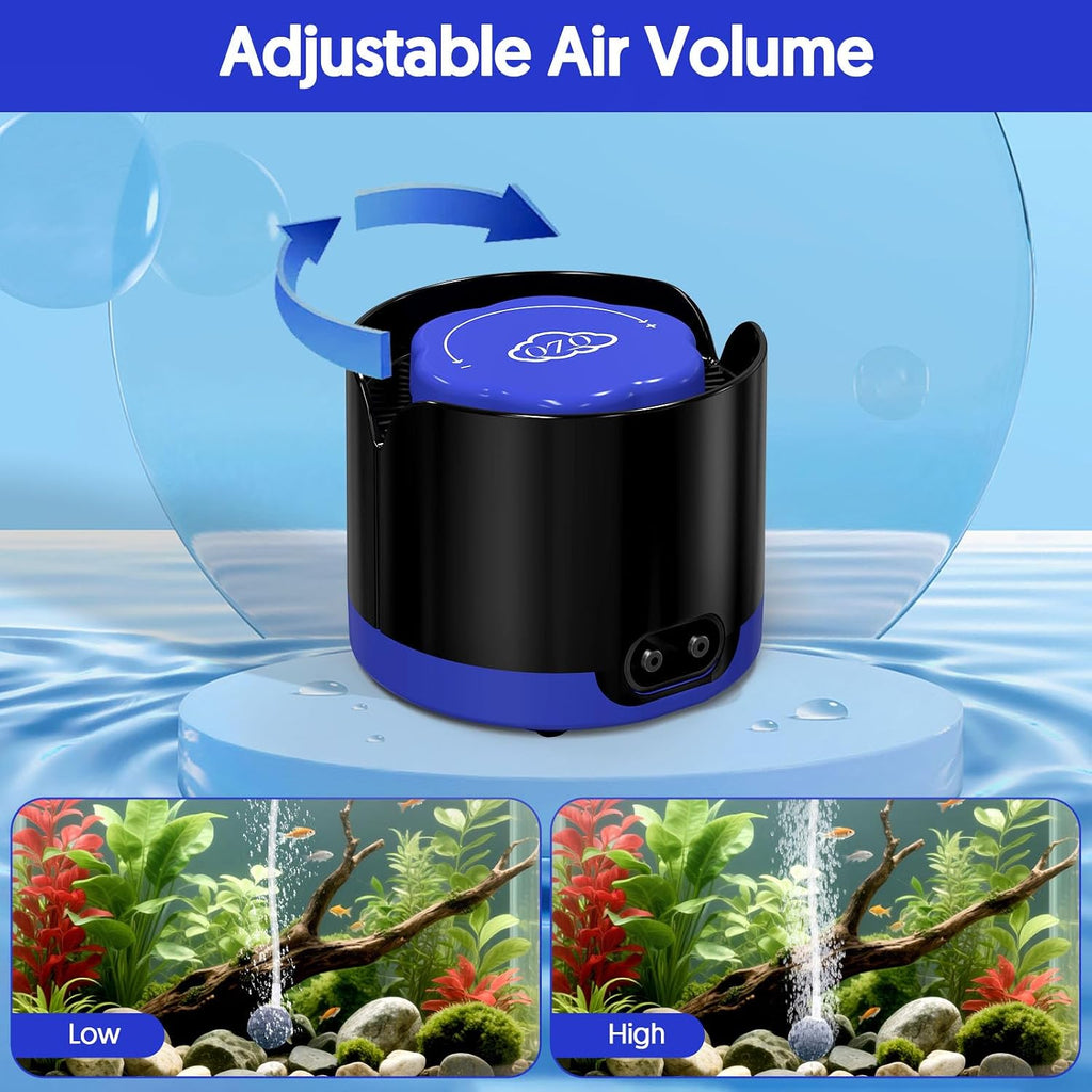 Aquarium Air Pump, Quiet Fish Tank Air Pump with Dual Outlets, Powerful Adjustable Oxygen Pump with Accessories