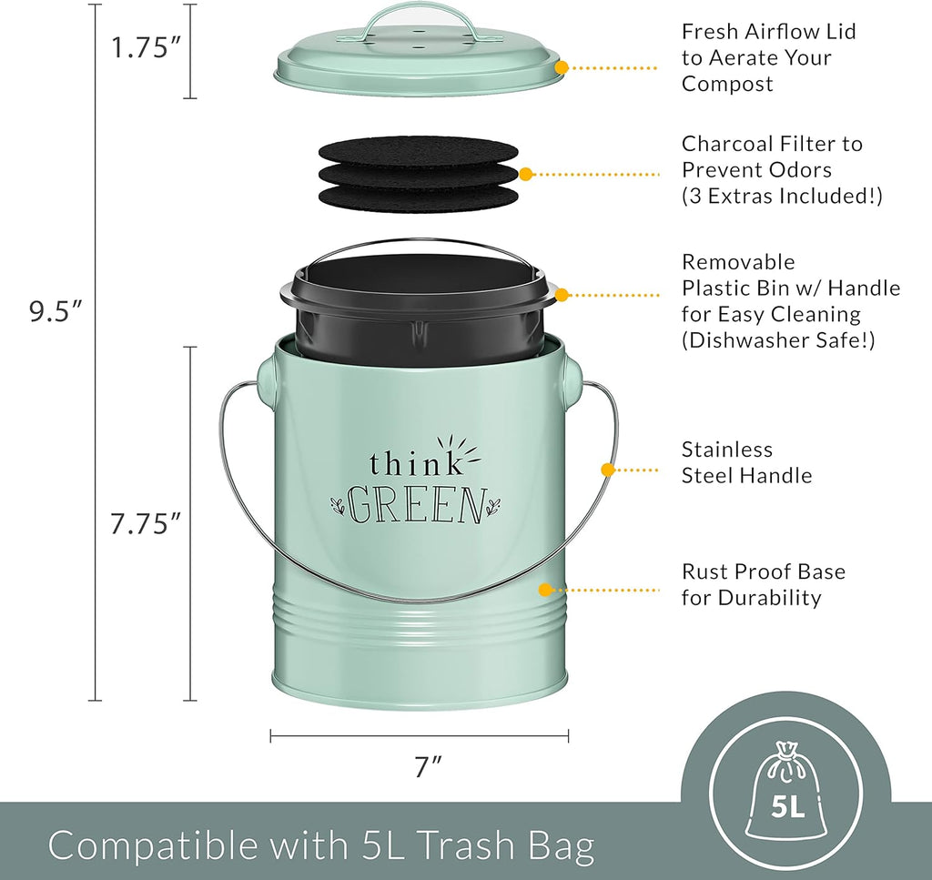 1.2 Gallon Kitchen Counter Compost Bin with Lid (Mint) | Countertop Composter with Smell-Absorbing Filters and