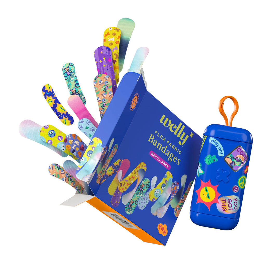 Bandage Clip N' Go Tin & Refill Pack | Adhesive Flexible Fabric Bandages and Tin | Assorted Shapes and Patterns for