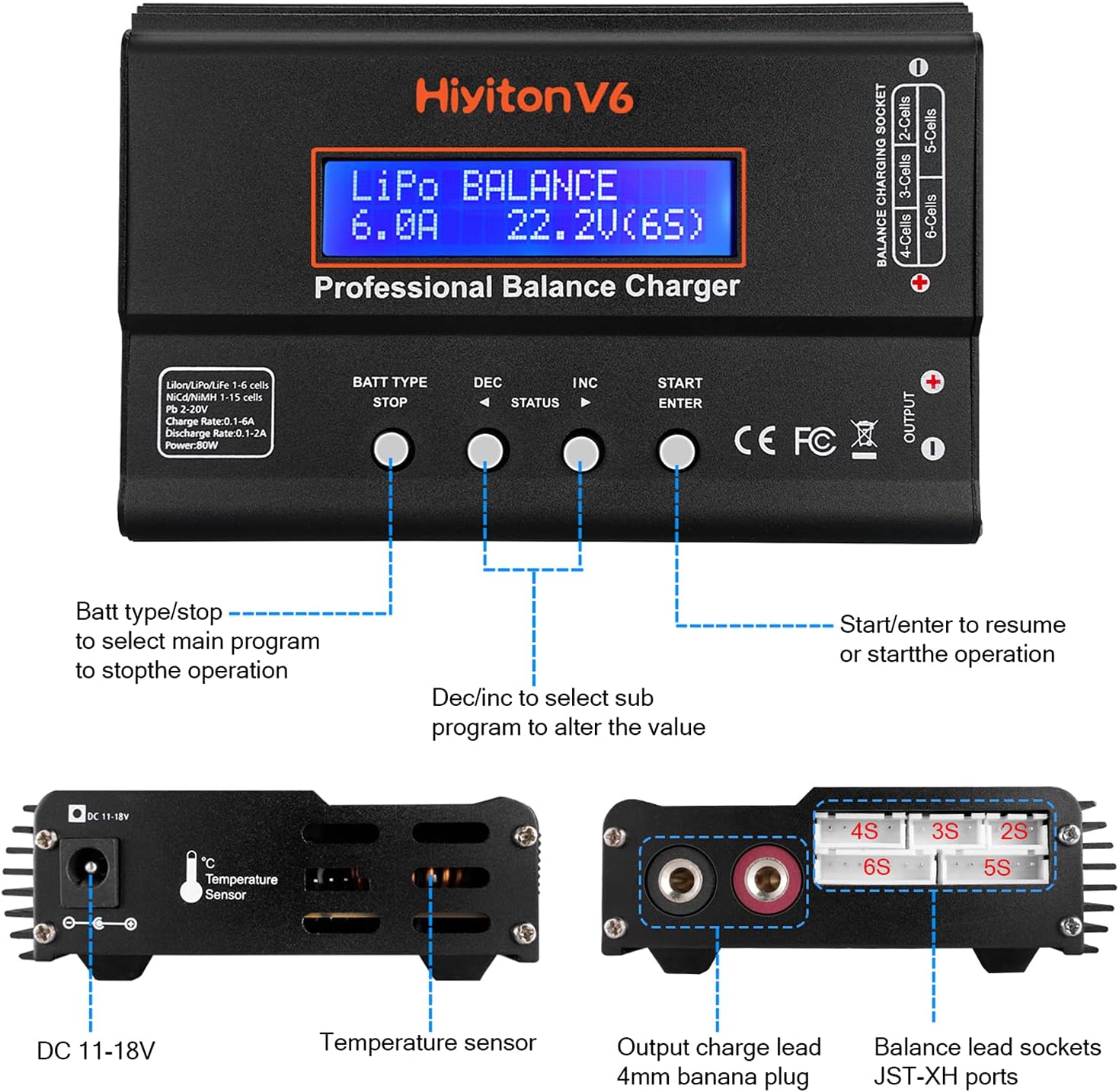 6A Lipo Battery Charger, 1S-6S Balanced Charger Discharger, 1-6S Lipo Li-ion NiMH NiCD Li-Fe Battery with Tamiya XT60