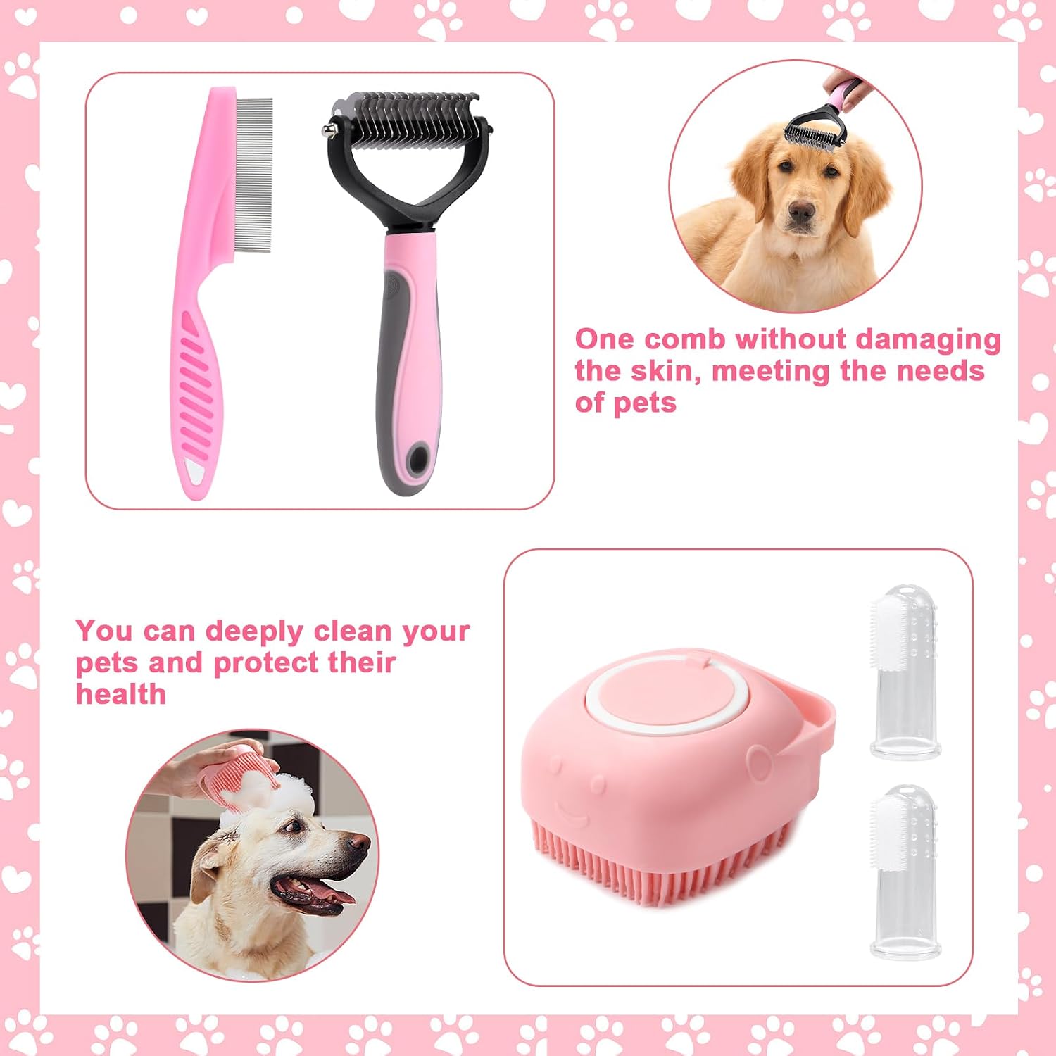 8 Pcs Dog Grooming Kit with Self Cleaning Tools: Nail Clipper, Flea Comb, Shampoo Brush, Shedding Brush, Dematting