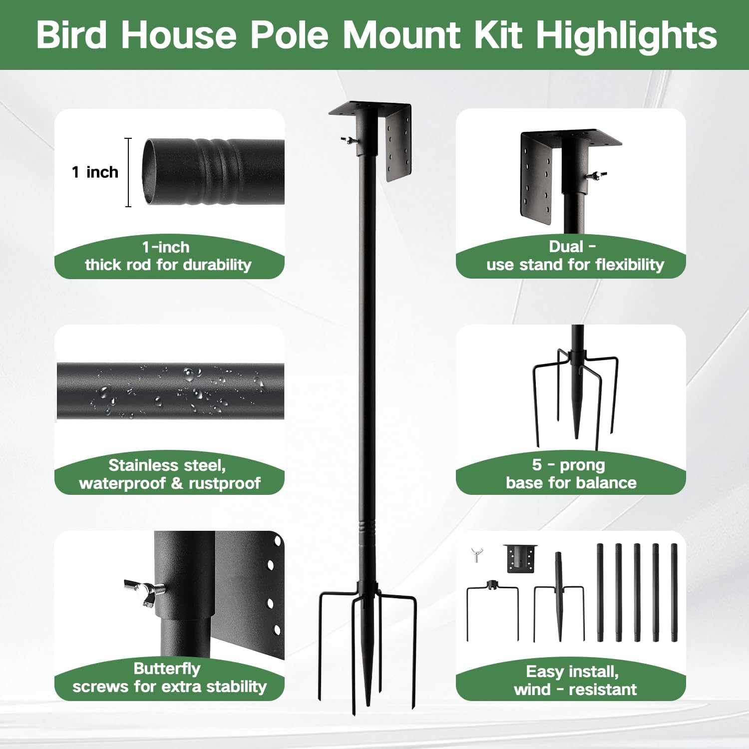 Bird House Pole 79in Heavy Duty Stand for Feeders Houses | Universal Top Plate,Rustproof Coating,5-Prong