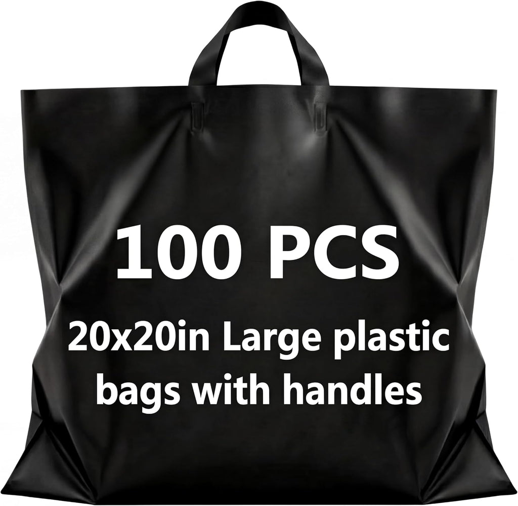 100 Pack 20" x 20" Large Black Plastic Shopping Bags with Handles