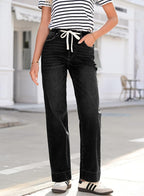 Women's High Waisted Straight Leg Jeans Drawstring Denim Pants