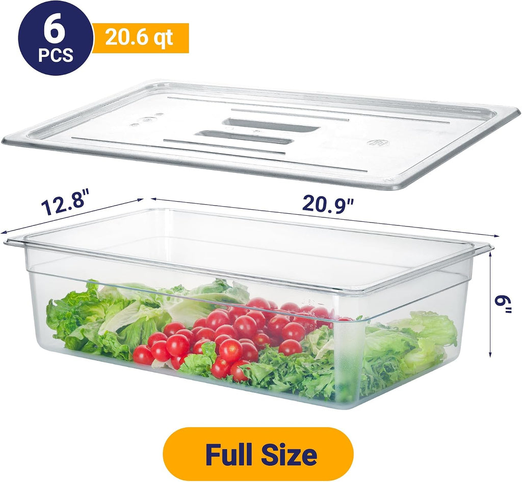 6 Pack Full Size 6'' Deep NSF Polycarbonate Food Pans with Lids