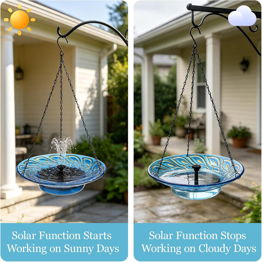 12.2" Hanging Glass Bird Bath for Outdoors, Blue Peacock Feather Pattern