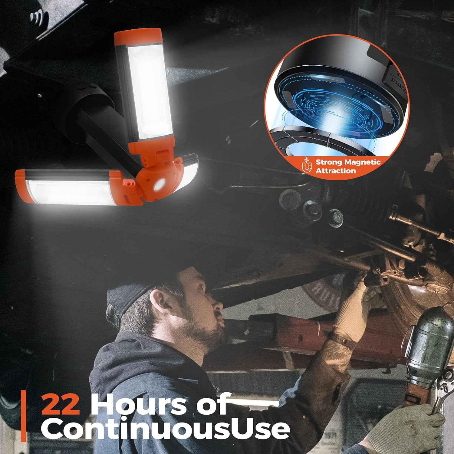 Rechargeable 10000mAh Camping Light, Cordless Work Light with 3 LED Lamp Heads, 2200 Lumens Dimmable Magnetic