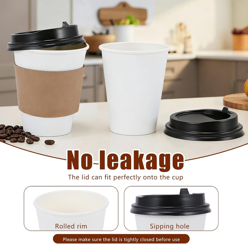 Coffee Cups, 50 Pack 12 oz Disposable Coffee Cups with Lids | and Sleeves Leak-proof & Sturdy Thick Paper, To Go Hot