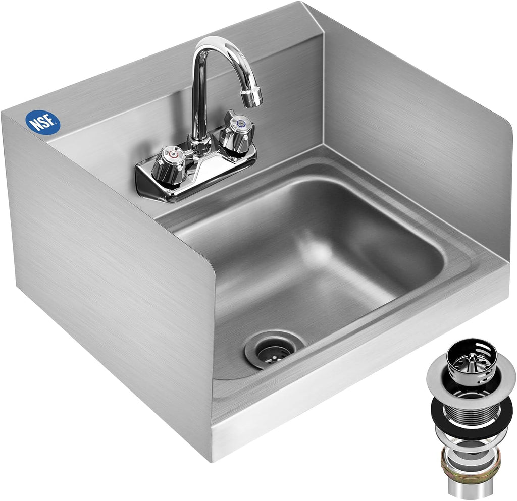 NSF 17" x 15" Hand Sink, Stainless Steel Wall Mount, Side Splashes