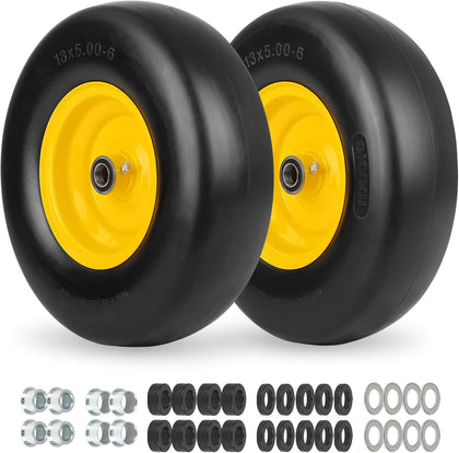 13x5.00-6 Flat Free Lawn Mower Tire and Wheel with Bearing Bore 3/4" or 5/8", 13x5-6 Smooth Tread Tire, 3.25"-5.9"