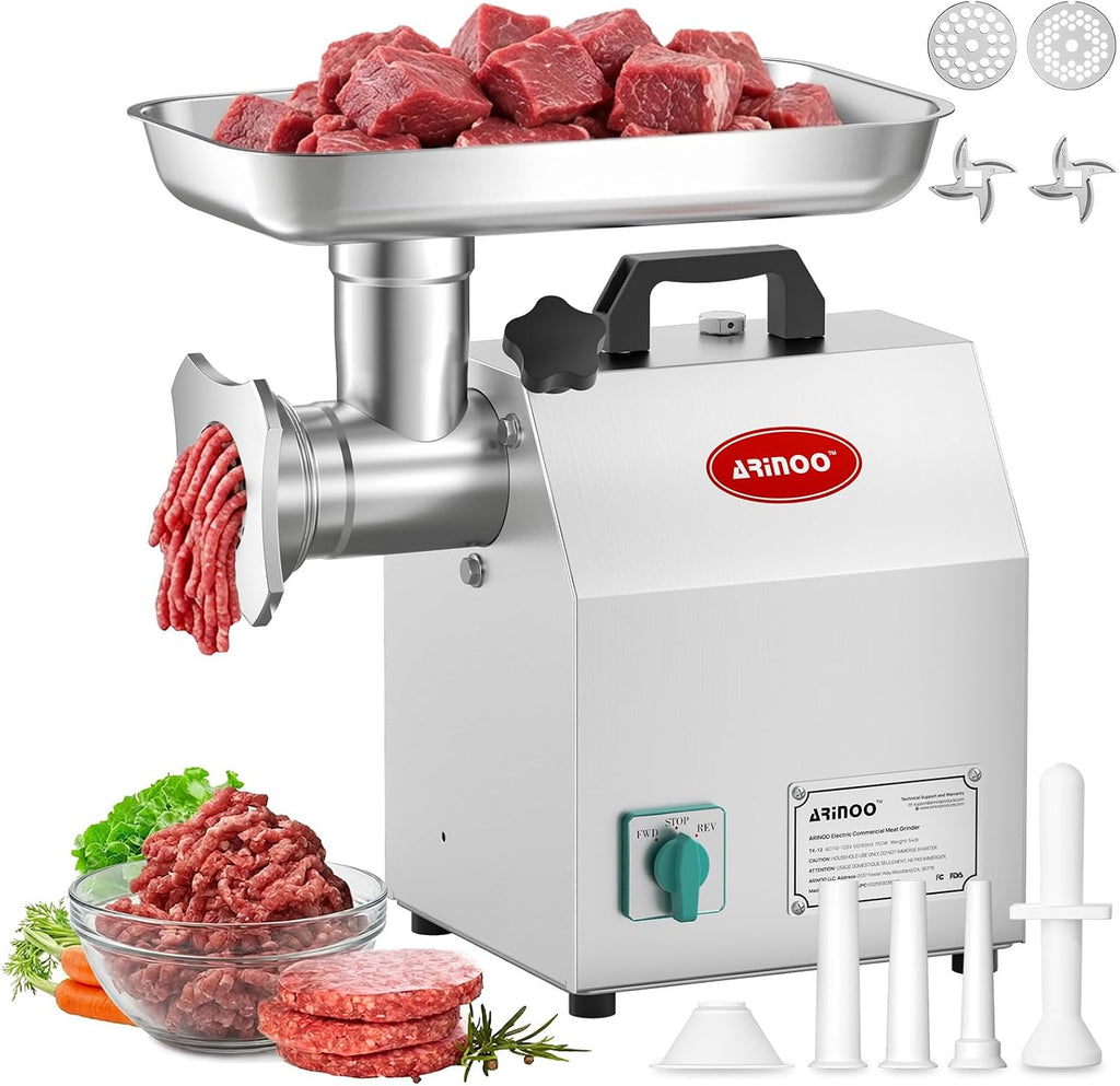 #12 Commercial Meat Grinder,1.0HP Professional Electric Meat Mincer,Heavy Duty Stainless Steel Sausage Stuffer with 2