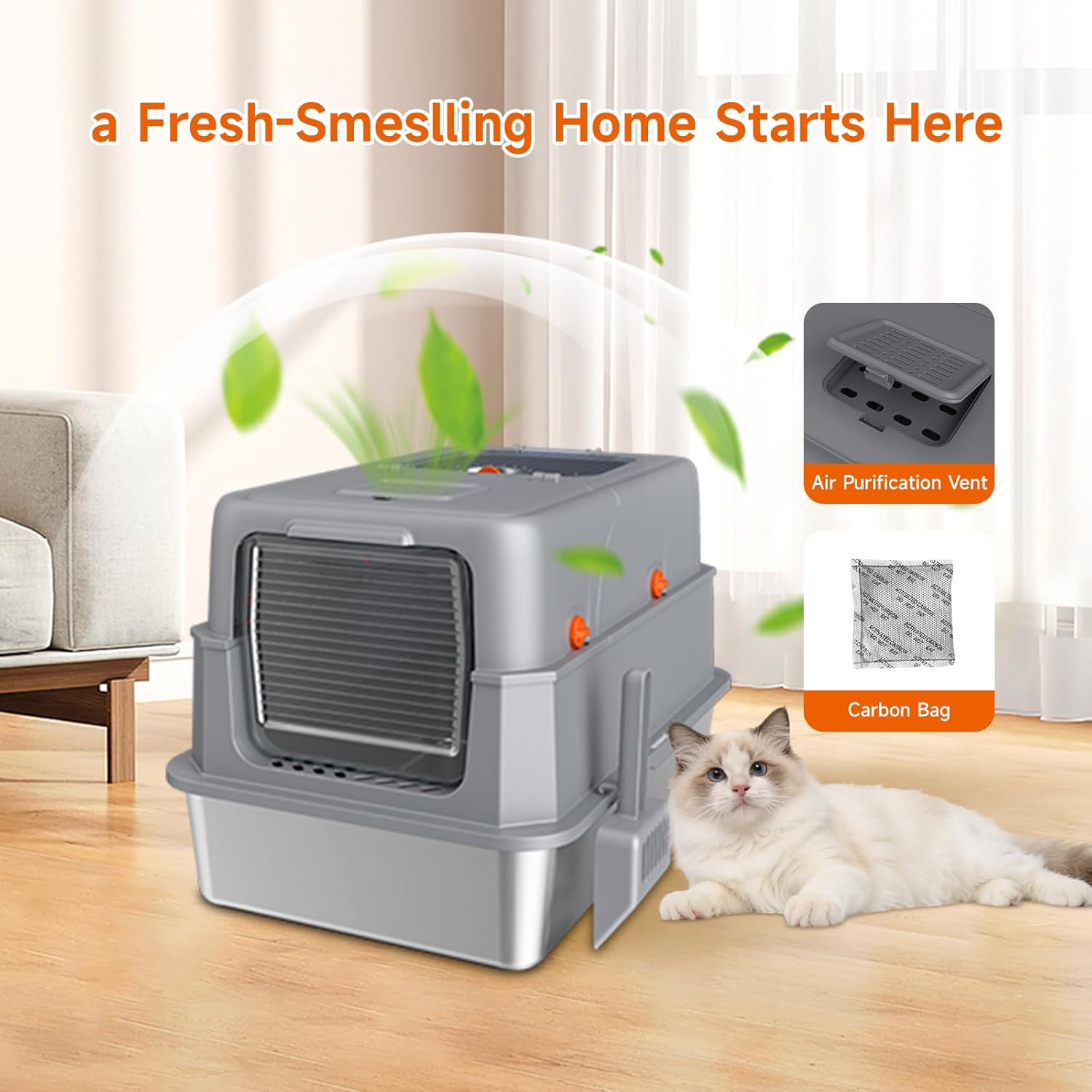 Stainless Steel Litter Box with Lid, High Sided Enclosed Metal Litter Box for Big Cats, Easy Cleaning Anti-Urine