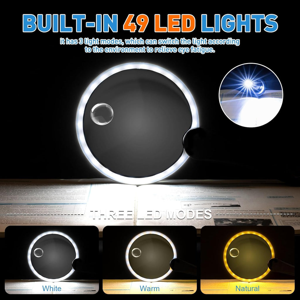 15X Rechargeable Magnifier with Light, Handheld Magnifying Glass | 20 Daylight LEDs, 3 Gear Dimming, 4.33 Inch Large