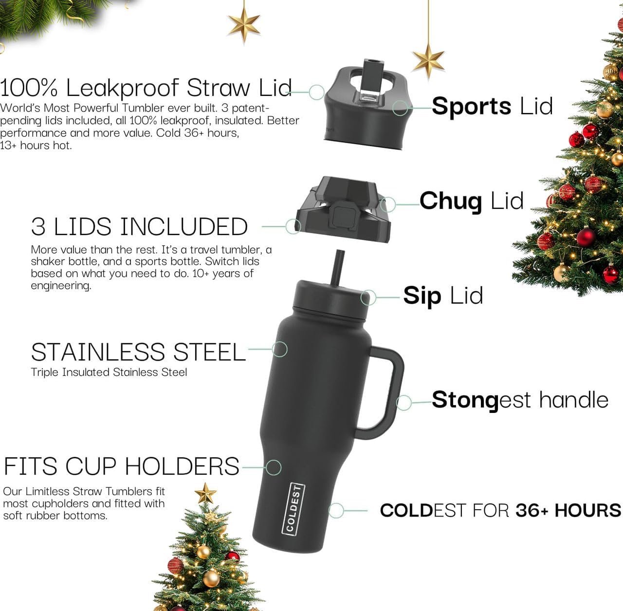 Coldest Tumbler with Handle and Straw - 100% Leak Proof Insulated Tumbler with Lid and Straw (3 Lids) - Stainless