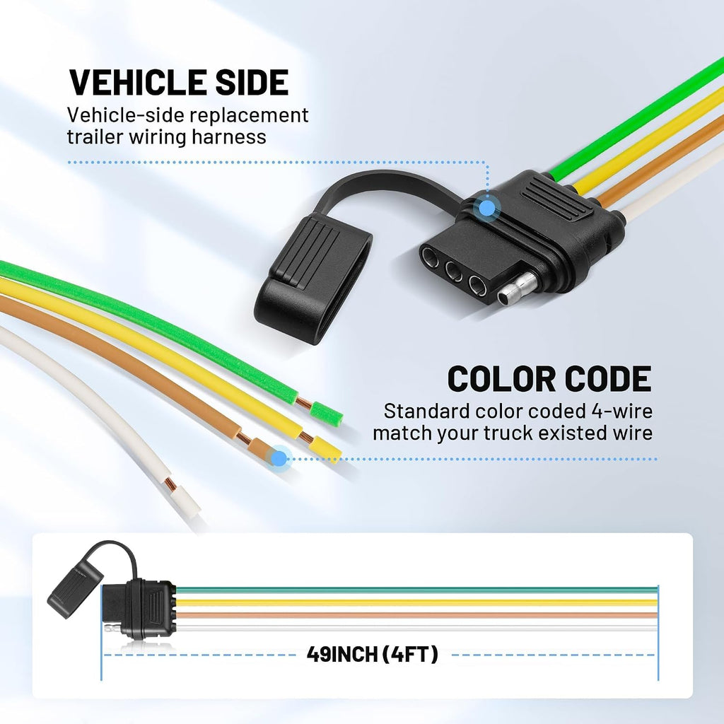 4 Pin Vehicle Side Trailer Wiring Harness 49 Inch, 16AWG 4 Prong Trailer Light Plug Socket with Dust Cover, Truck 4