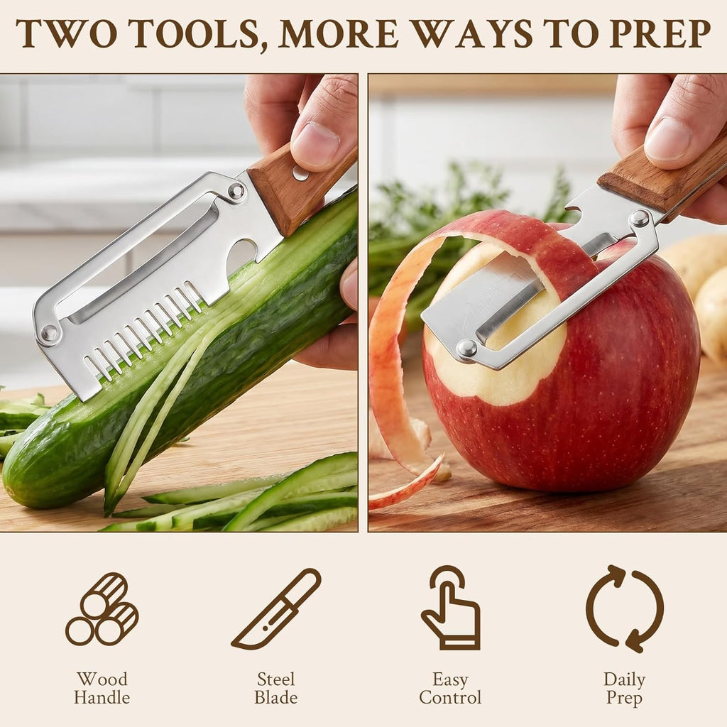 2026 Upgrade Vegetable Peeler and Julienne Peeler Set, Stainless Steel Vegetable Peelers for Kitchen with Wood