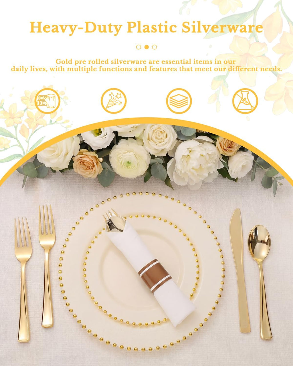 60pack Pre Rolled Gold Plastic Silverware Set with Napkins