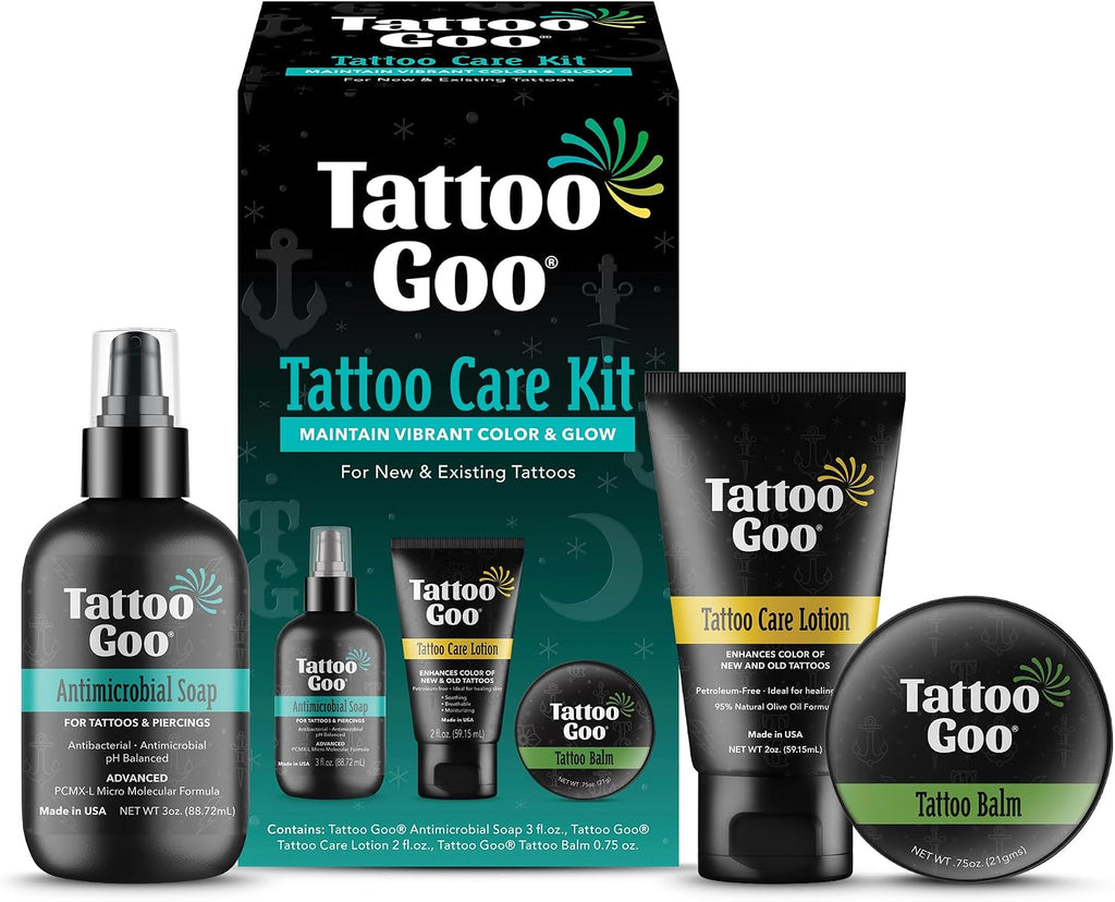 Tattoo Aftercare Kit, 3 Piece Set, Includes Antimicrobial Soap, Tattoo Balm & Healing Lotion, Main Vibrant Color &