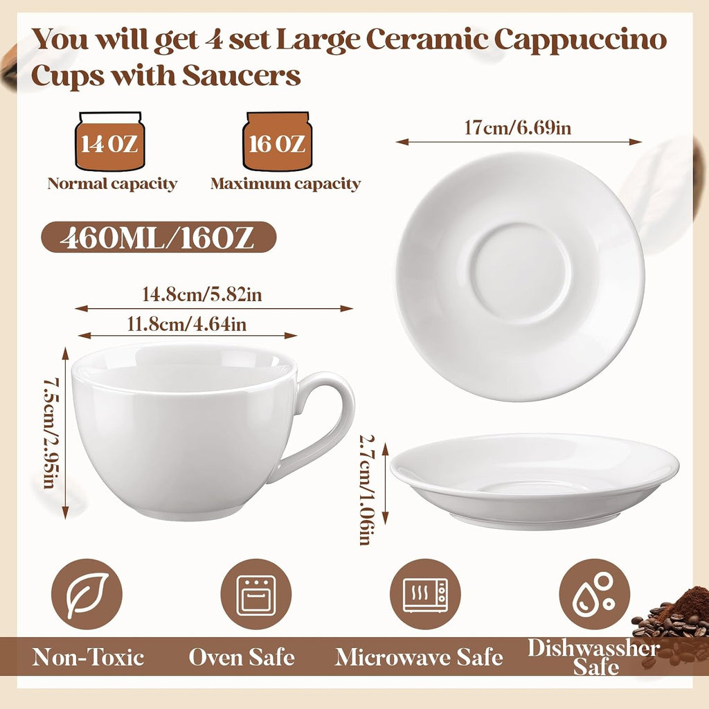4 Set 16oz Cappuccino Cups with Saucers, Heavyweight Porcelain