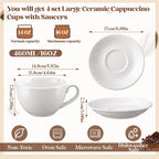 4 Set 16oz Cappuccino Cups with Saucers, Heavyweight Porcelain