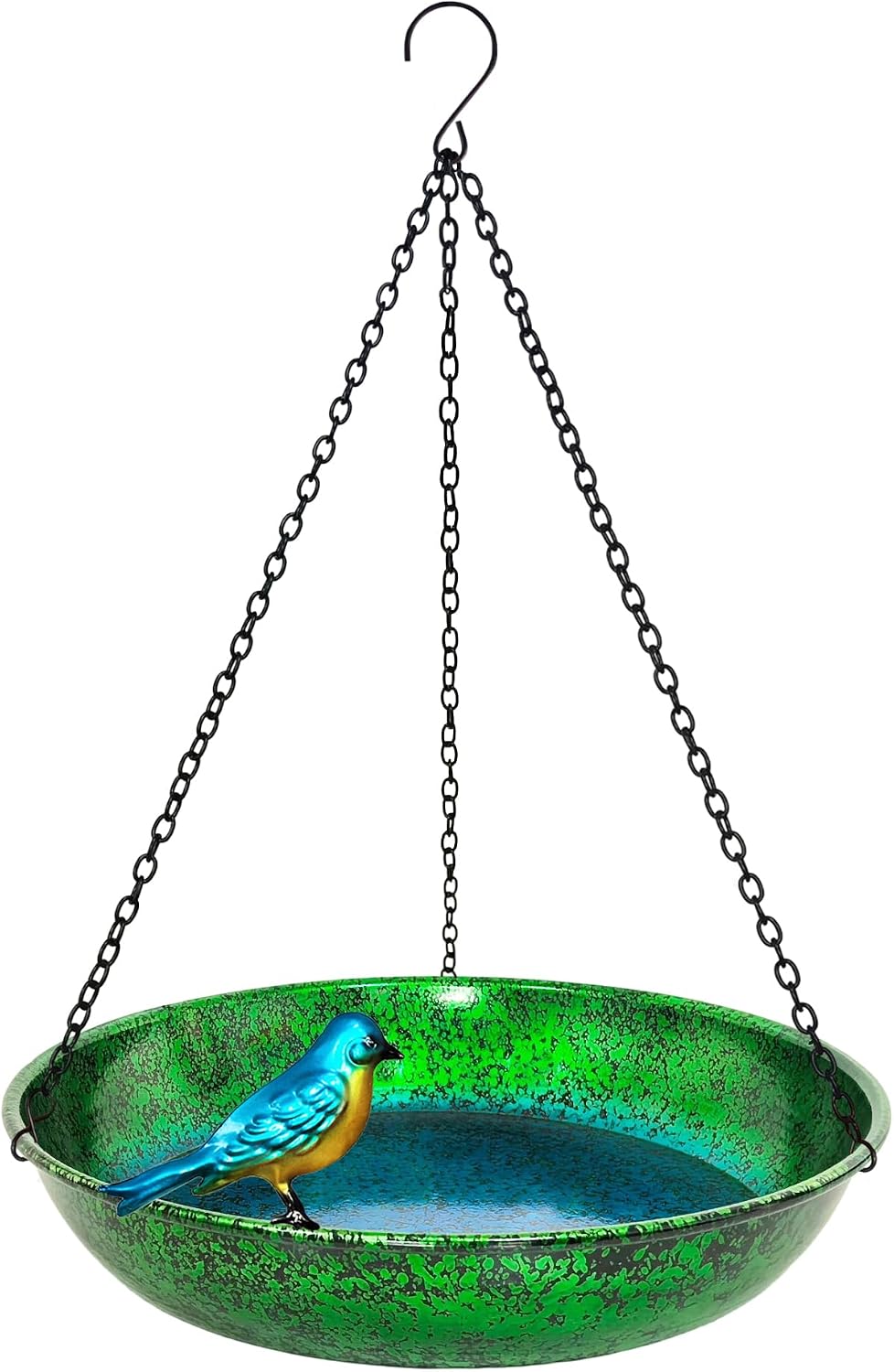 Hanging Bird Bath for Outside, 11" Green/Blue Metal Birdbath & Feeder Bowl