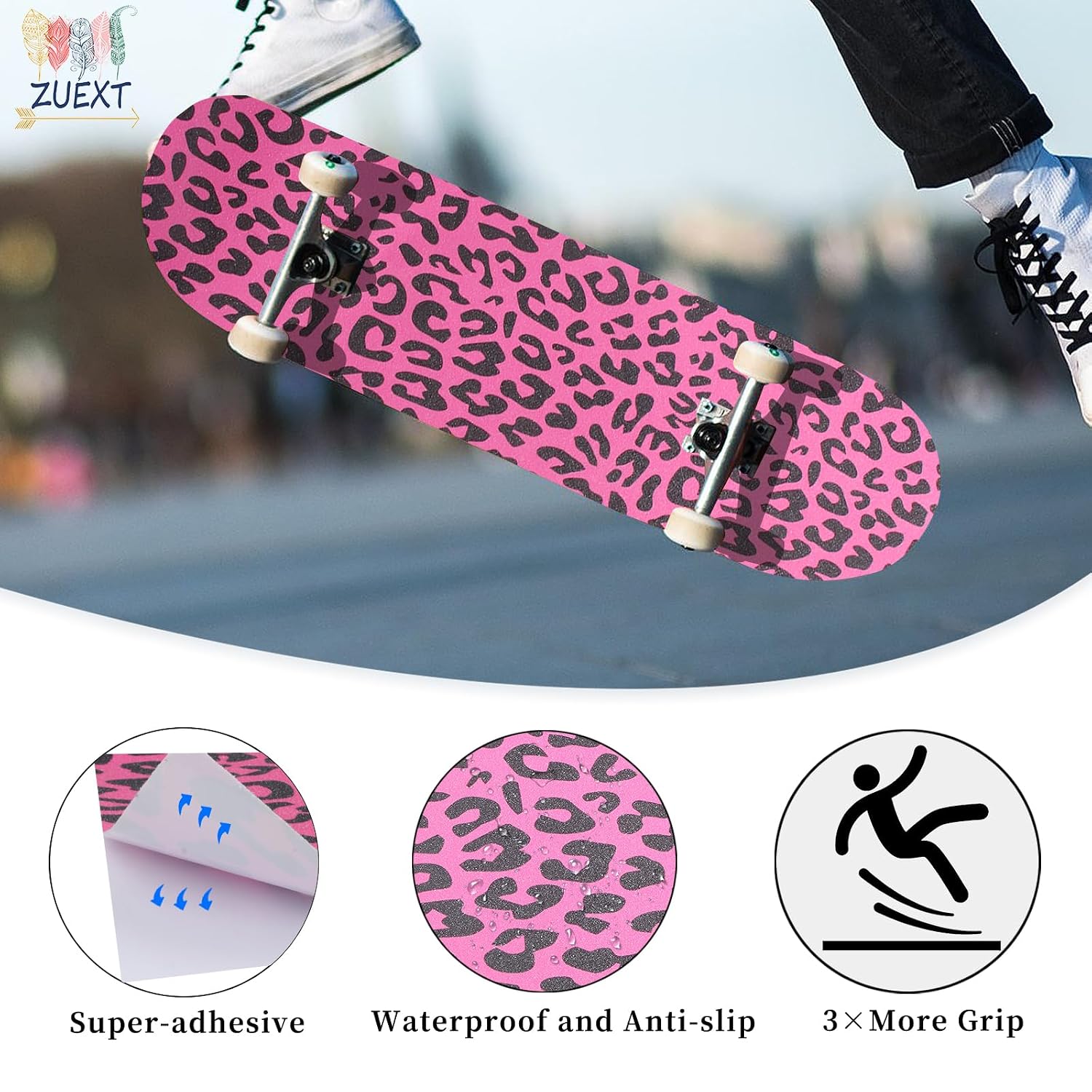 9" x 33" Pink Leopard Skateboard Grip Tape 2 Pack (23x84cm) | Bubble Free, Waterproof, Griptape for Scooter Longboard