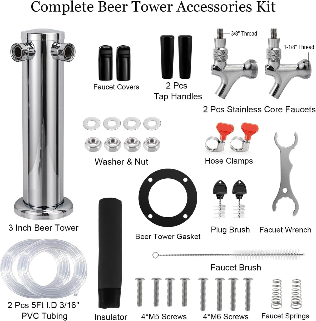 Dual Tap Stainless Draft Beer Tap Tower, 3'' Base Kegerator Tower