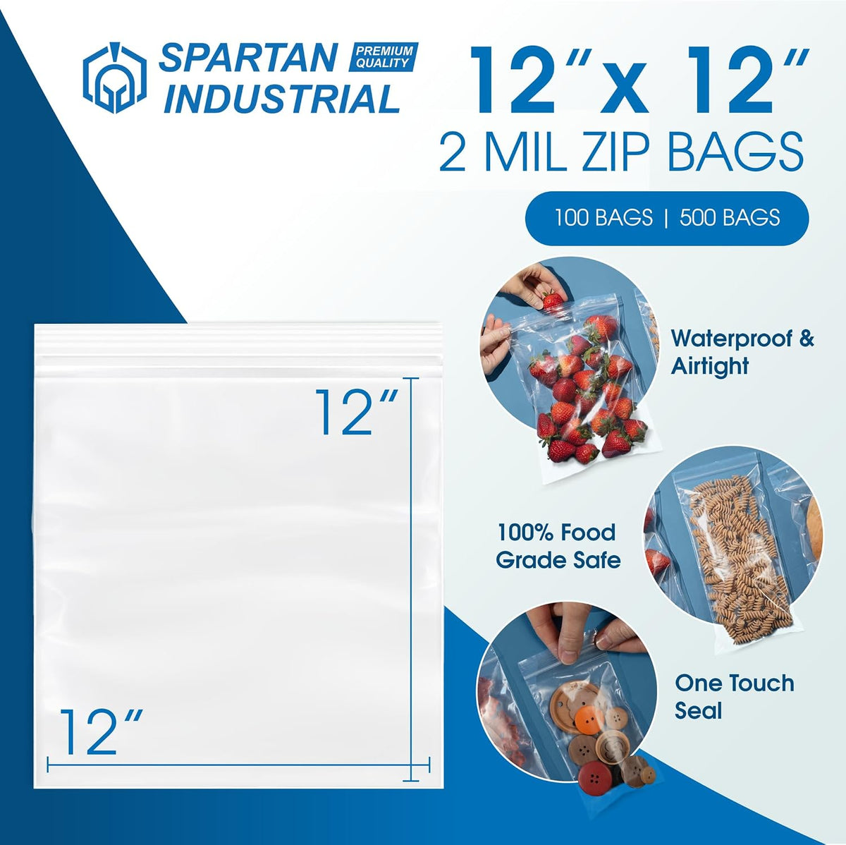 12” X 12” (100 Count) 2 Mil Clear Reclosable Zip Plastic Poly Bags