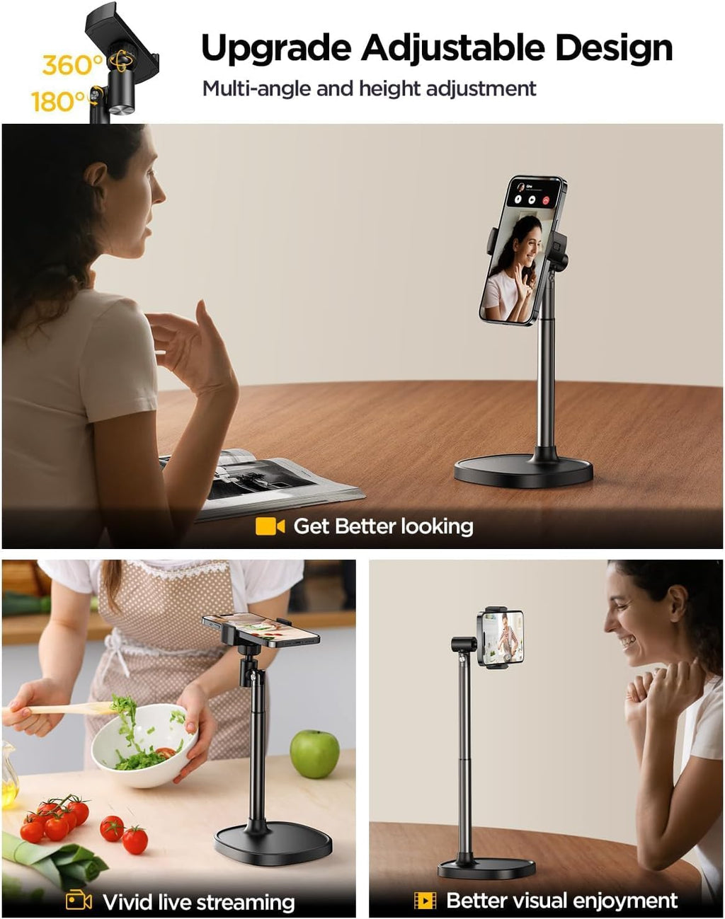 Phone Stand for Desk, Angle Height Adjustable Phone Holder for Desk, Aluminum Alloy Universal iPhone Holder