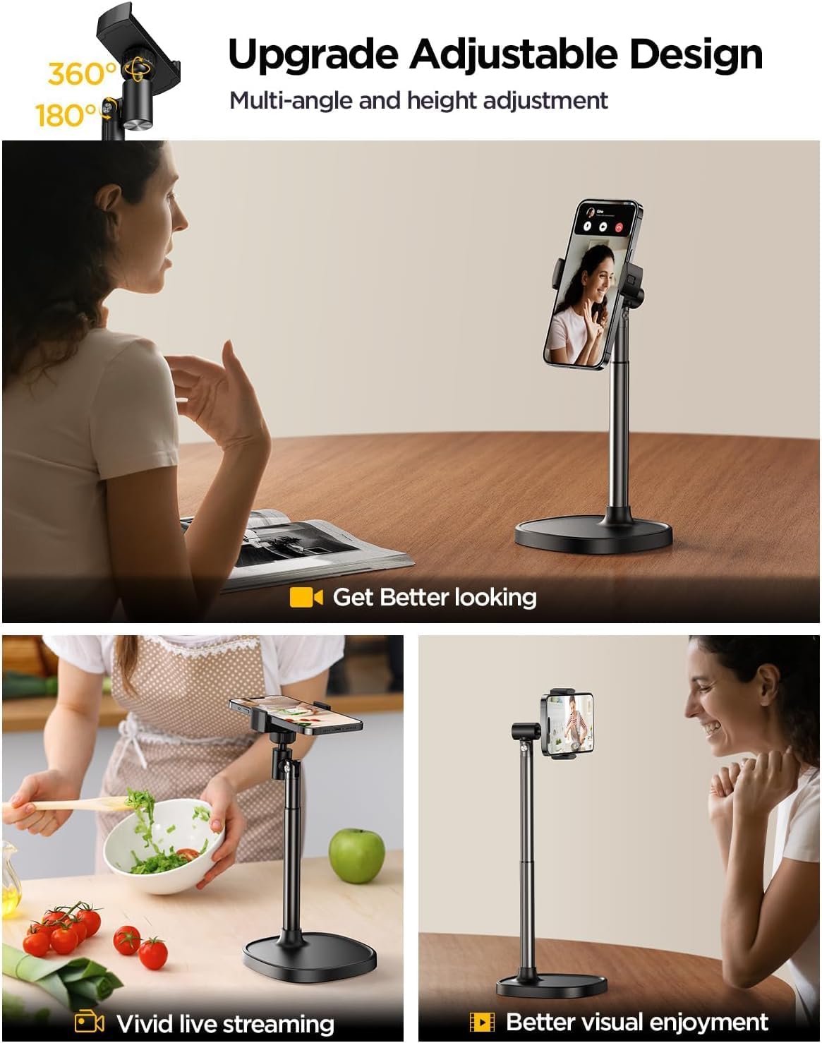 Phone Stand for Desk, Angle Height Adjustable Phone Holder for Desk, Aluminum Alloy Universal iPhone Holder