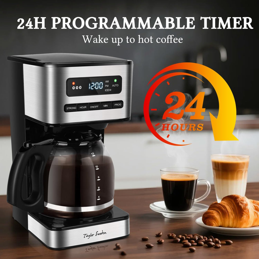 Programmable Coffee Makers 12 Cup, Black &Stainless Steel | Hot and Iced Coffee Maker, 4 Brew Strength, LED Display