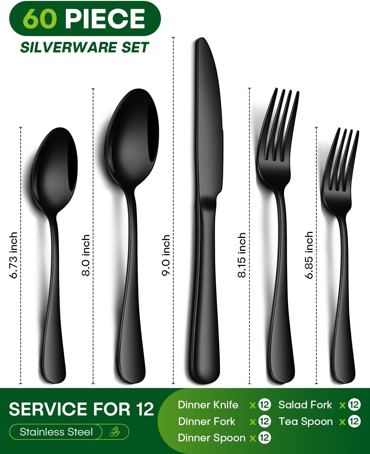 60 Piece Black Silverware Set, Stainless Steel Flatware Set for 12 Food Grade Cutlery Utensil Set Include Knife Fork