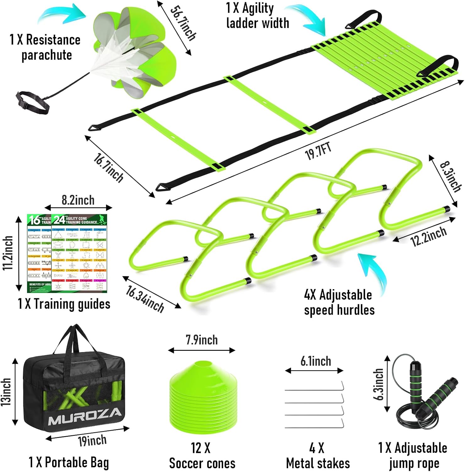 Agility Ladder, Agility Speed Training Equipment Set, 20ft Speed Ladder | 4 Hurdles, 12 Soccer Cones, Jump Rope