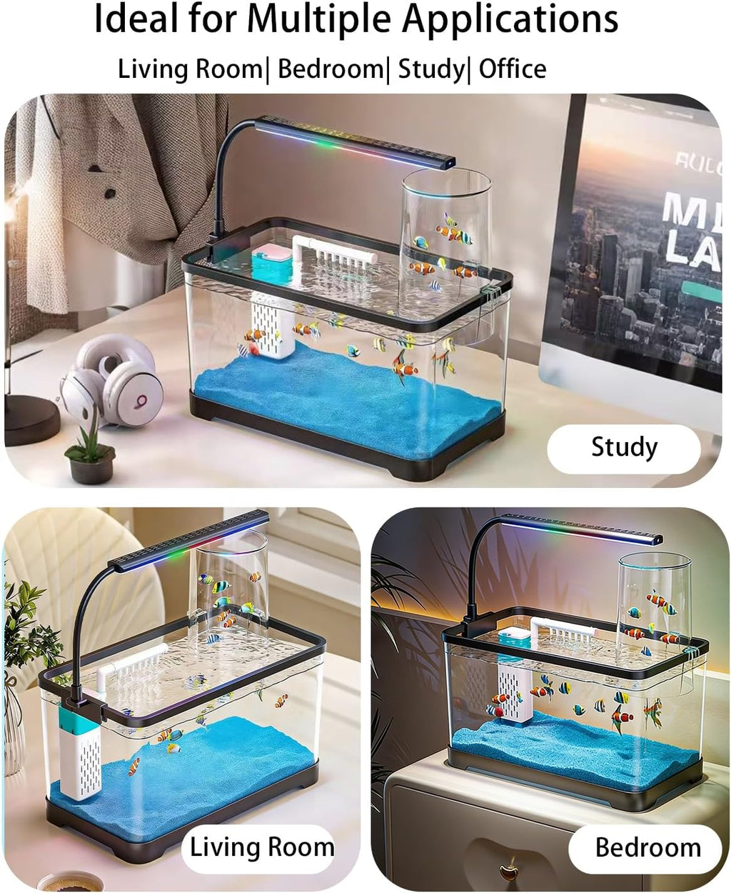 Aquarium Fish Tank Kit, 3 Gallon Betta Fish Tanks Starter Kit with Light and Filter, Blue Sand, Small Tropical Fish