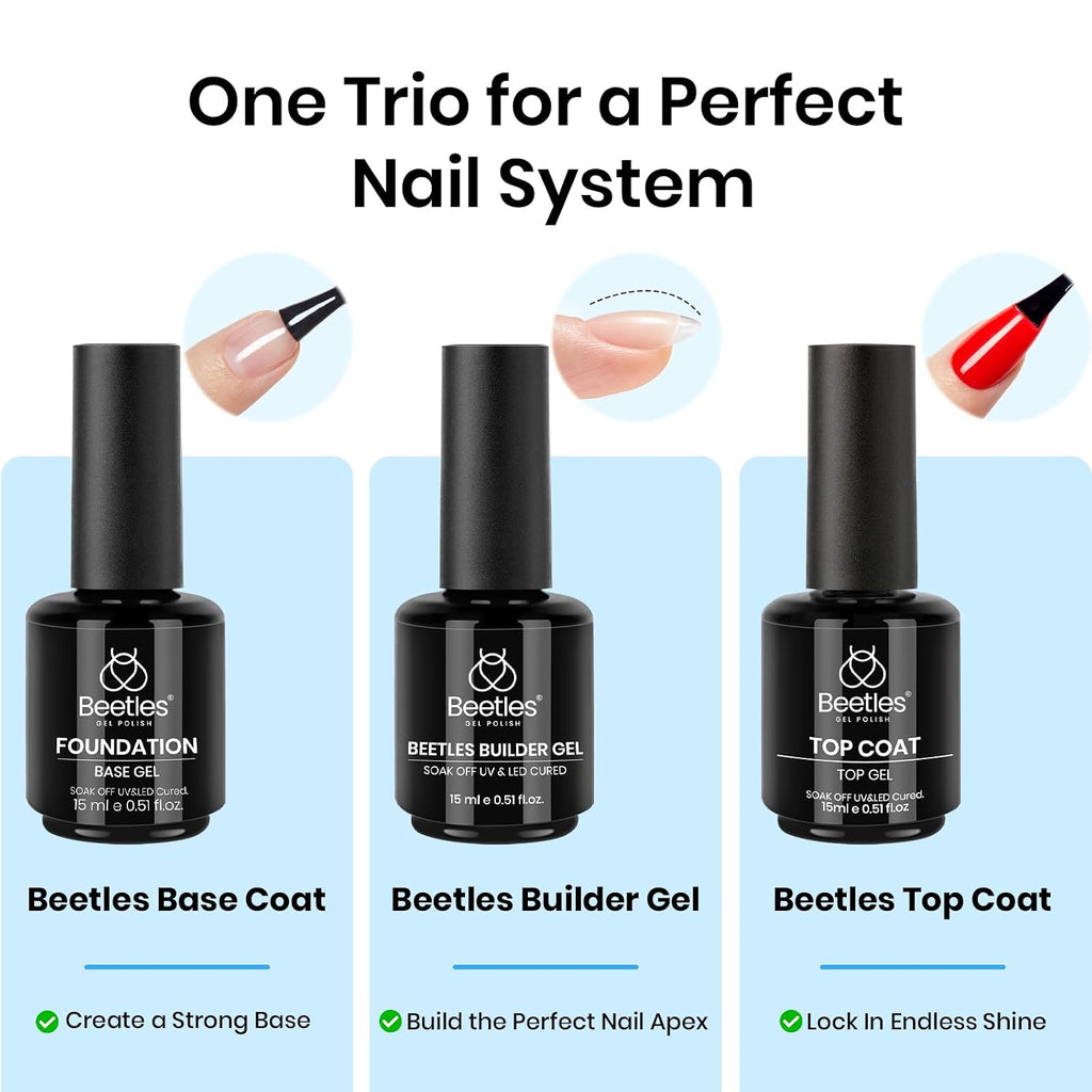 Beetles 3Pcs 15 ml Builder Nail Gel with Base and No Wipe Top Coat | Gel Polish Kit for Gloss Finish and Long-Lasting