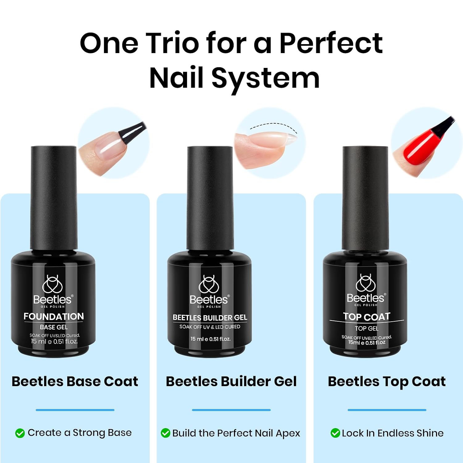 Beetles 3Pcs 15 ml Builder Nail Gel with Base and No Wipe Top Coat | Gel Polish Kit for Gloss Finish and Long-Lasting