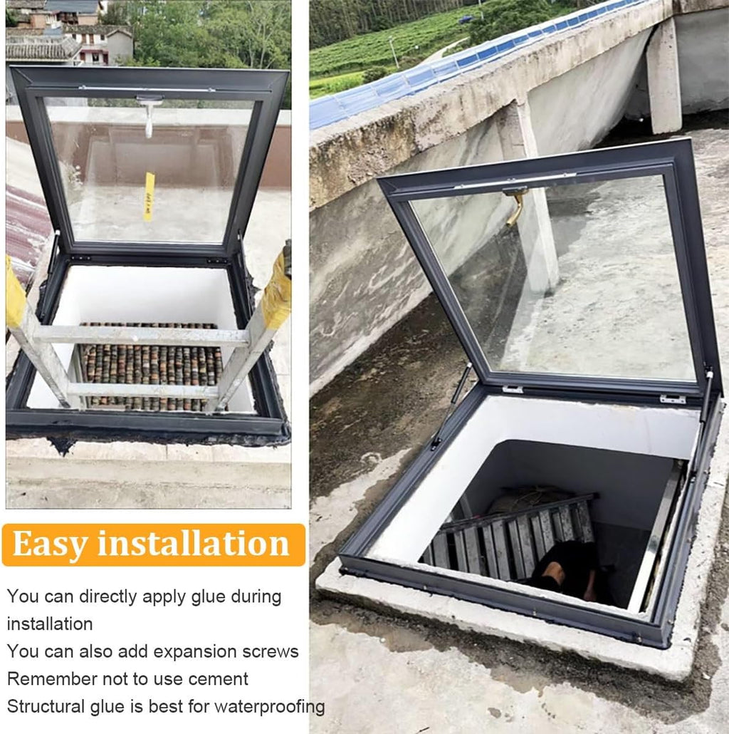 Skylight Roof Window, Sloped Flat Roof Lighting Well for Indoor Attic, Manual Venting Double-Layer Tempered Glass