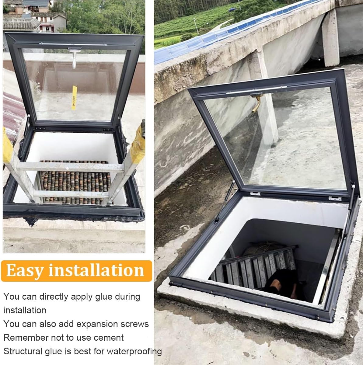 Skylight Roof Window, Sloped Flat Roof Lighting Well for Indoor Attic, Manual Venting Double-Layer Tempered Glass