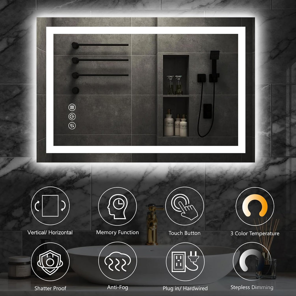 24"x 32" LED Bathroom Mirror with Lights, Smart Anti-Fog Wall Vanity Mirror | Backlit & Front Lit, Dimmable, 3 Color