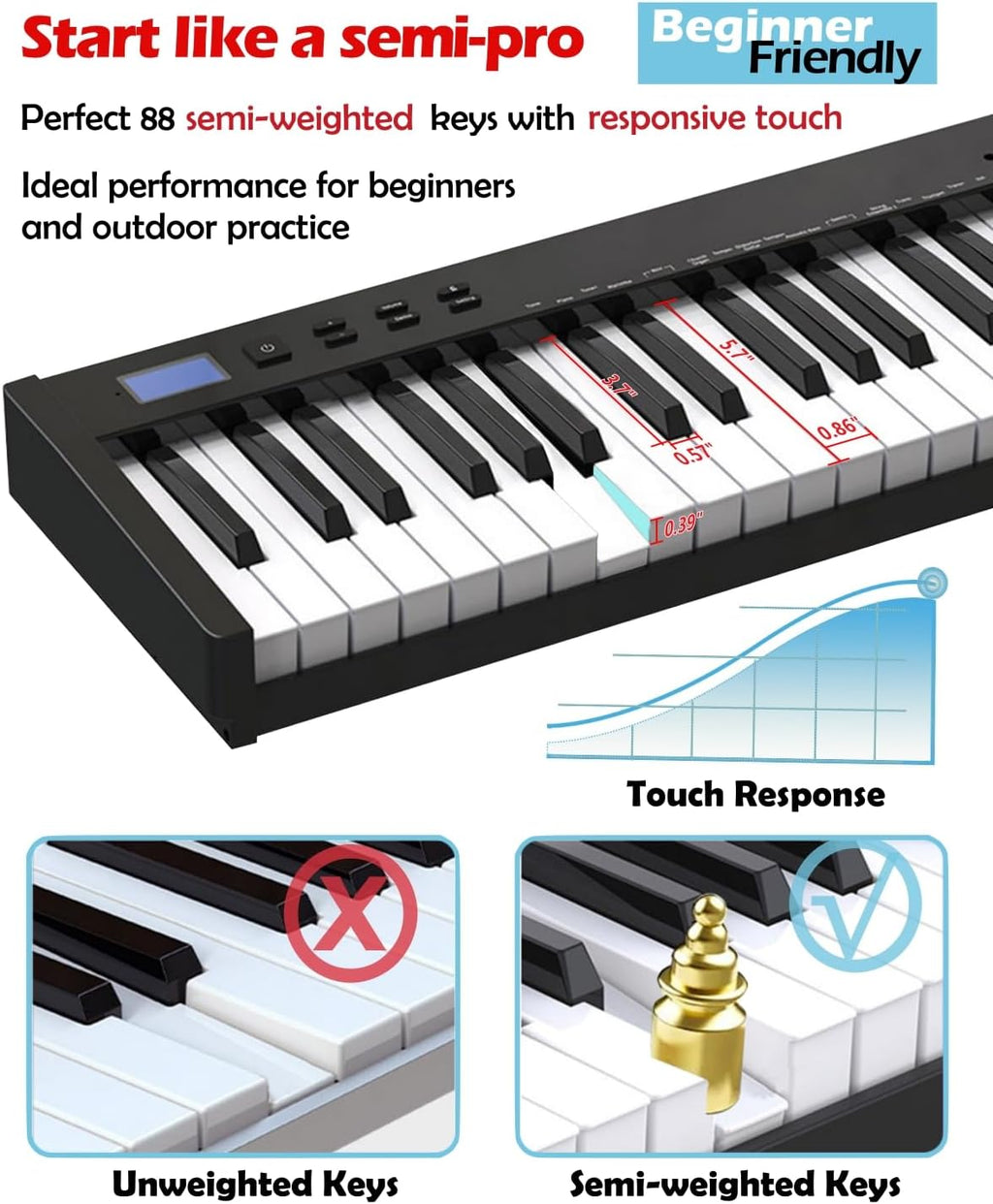 Semi-weighted 88 Keys Piano Keyboard Compact Portable Digital Piano Set for Beginners with Stand, Carrying Case