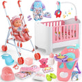 Baby Doll Crib and Stroller Accessories Play Set with 11" Baby Doll,Dining Chair,24 PCS Dolls Accessories and 2 Sets