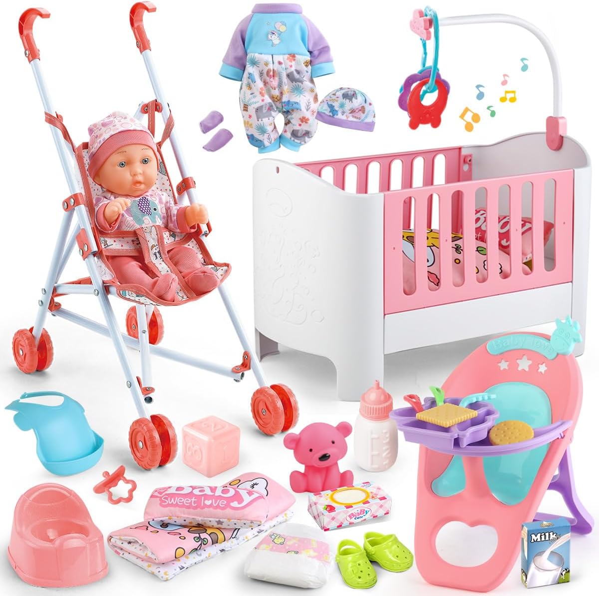 Baby Doll Crib and Stroller Accessories Play Set with 11" Baby Doll,Dining Chair,24 PCS Dolls Accessories and 2 Sets